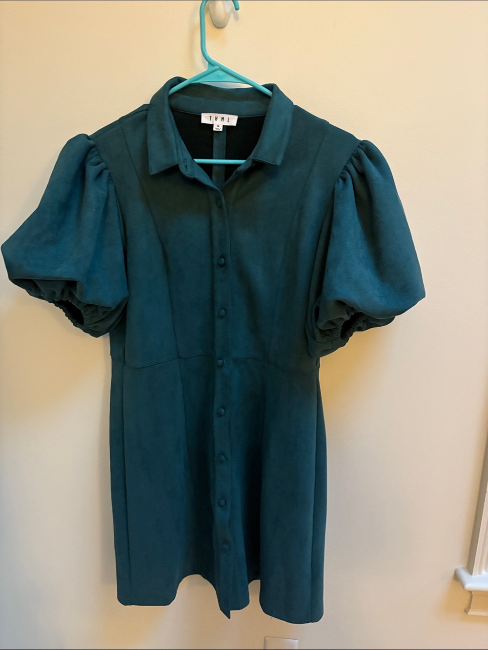 THML Teal Puff-Sleeve Button-Front Dress
